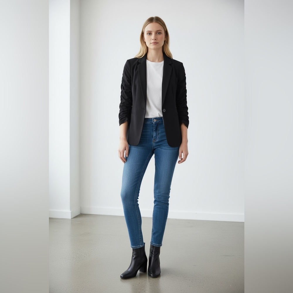 89th & Madison Women's Blazer Scrunch 3/4 Sleeve One Button Front Black Size M